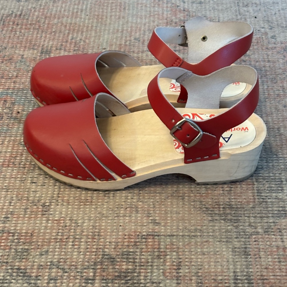 Red Leather Clogs Sandals Size 38 with Ankle Strap
